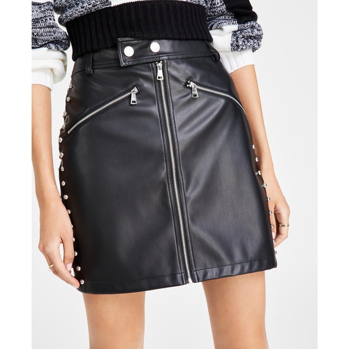DKNY Womens Faux-Leather Studded Mini Skirt