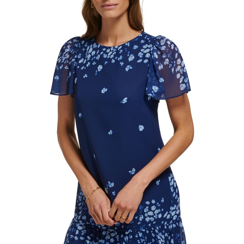 DKNY Womens Floral-Print Flutter-Sleeve Dress