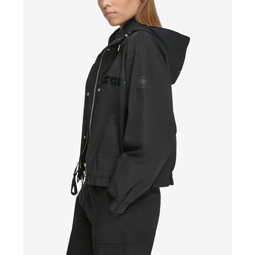 DKNY Womens Logo-Trim Hooded Zip-Front Jacket