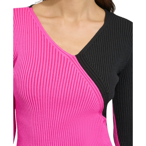 DKNY Womens Ribbed Colorblocked Asymmetrical Sweater