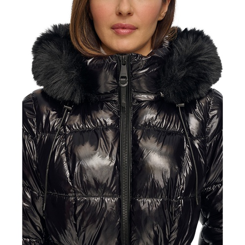 DKNY Womens Belted Faux-Fur-Trim Hooded Puffer Coat