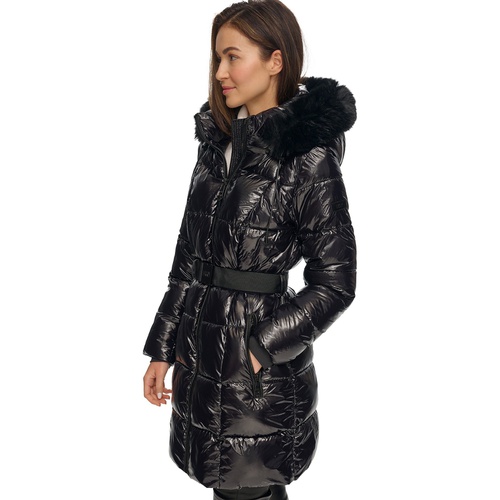 DKNY Womens Belted Faux-Fur-Trim Hooded Puffer Coat