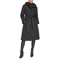 Womens Petite Hooded Belted Quilted Coat