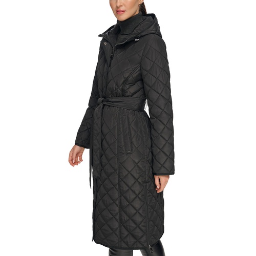 DKNY Womens Petite Hooded Belted Quilted Coat