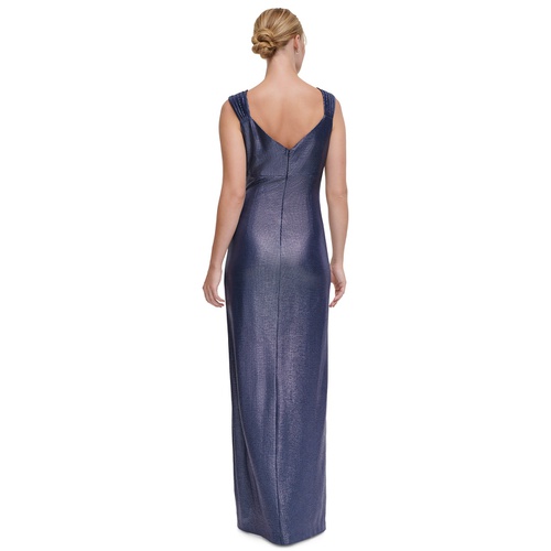 DKNY Womens Metallic Ruched Cowlneck Gown