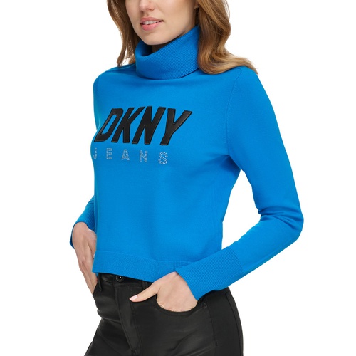 DKNY Womens Faux-Leather-Logo Turtleneck Sweater