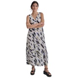 Womens Printed Linen V-Neck Sleeveless Maxi Dress