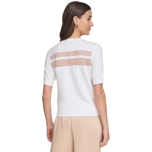 DKNY Womens Sheer-Stripe Rib-Edge Short-Sleeve Sweater