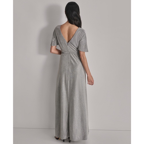 DKNY Womens Metallic Pleated Belted Flutter-Sleeve Gown