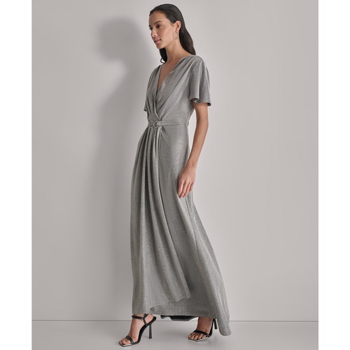 DKNY Womens Metallic Pleated Belted Flutter-Sleeve Gown