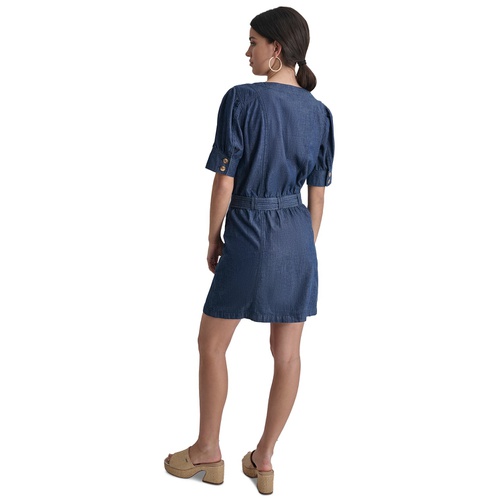 DKNY Womens Puff-Sleeve Belted Cotton Denim Shirtdress