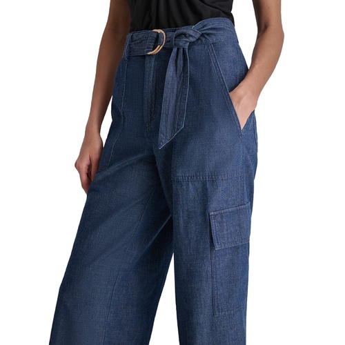DKNY Womens High Rise Belted Wide-Leg Cotton Denim Cargo Pants