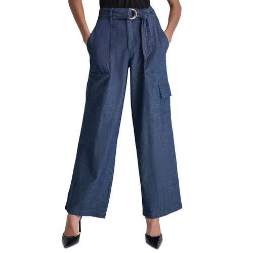 DKNY Womens High Rise Belted Wide-Leg Cotton Denim Cargo Pants