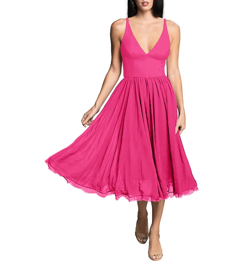 Dress the Population Alicia Mixed Media Midi Dress_BRIGHT FUCHSIA