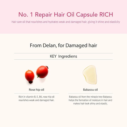  Delan Repair Hair Serum Capsule for Damaged hair (Rich), Individual Package | Premium Hair Treatment with Vitamin B, E, B6, Rose hip oil & Babassu oil | looks Shiny & Elastic (27 C