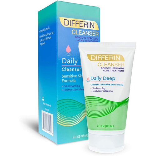  Facial Cleanser by Differin, Acne Face Wash w/ Benzoyl Peroxide, Sensitive Skin Formula, 1 pack, 4Oz, Basic (60600)