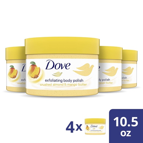  Dove Exfoliating Body Polish Body Scrub Exfoliating Scrub for Dry Skin Crushed Almond and Mango Butter Gently Exfoliates to Reveal Healthy Skin 10.5 oz 4 Count