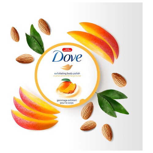  Dove Exfoliating Body Polish Body Scrub Exfoliating Scrub for Dry Skin Crushed Almond and Mango Butter Gently Exfoliates to Reveal Healthy Skin 10.5 oz 4 Count