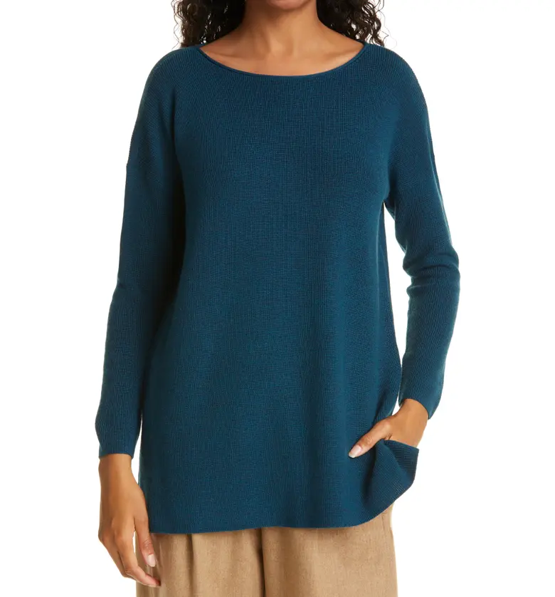 Eileen Fisher Bateau Neck Merino Wool Tunic Sweater_BLUE SPRUCE