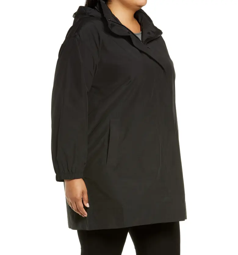  Eileen Fisher Stand Collar Organic Cotton Blend Coat with Hidden Hood_BLACK
