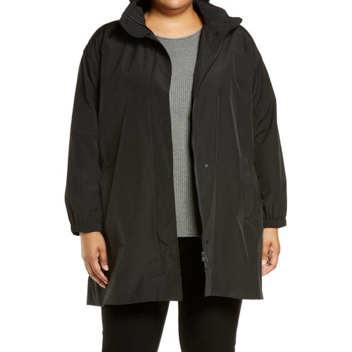  Eileen Fisher Stand Collar Organic Cotton Blend Coat with Hidden Hood_BLACK