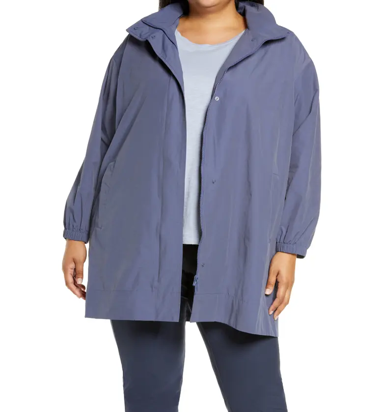 Eileen Fisher Stand Collar Organic Cotton Blend Coat with Hidden Hood_TWILIGHT