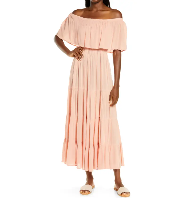 Elan Off the Shoulder Ruffle Cover-Up Maxi Dress_MELON