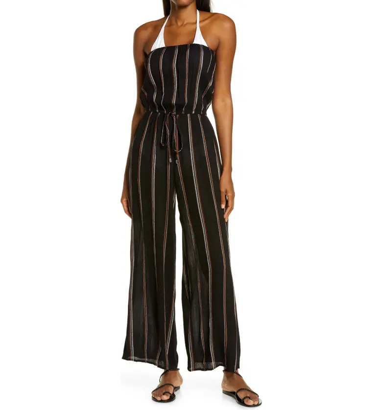 Elan Stripe Swim Cover-Up Jumpsuit_BLACK STRIPE