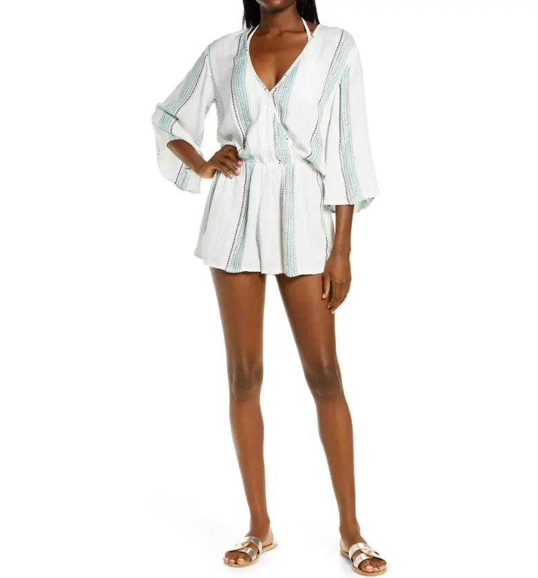 Elan Textured Metallic Stripe Cover-Up Romper_WHITE AQUA STRIPE