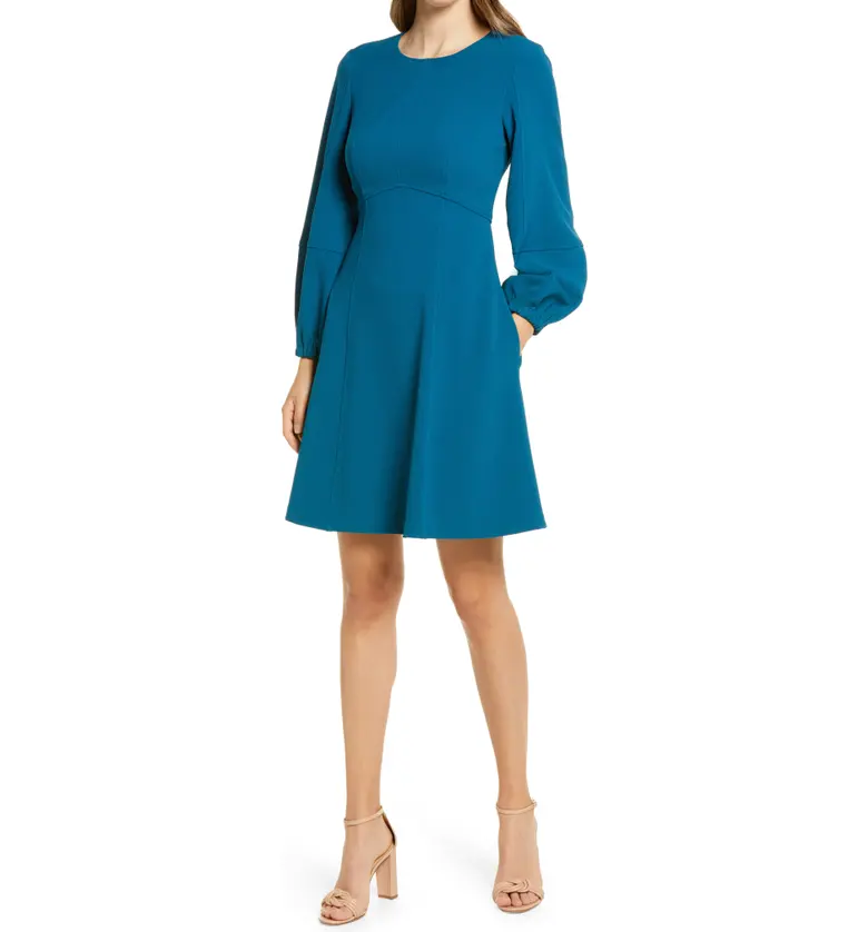 Eliza J Long Sleeve A-Line Dress_TEAL