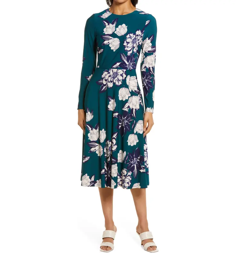 Eliza J Floral Print Long Sleeve Midi Dress_HUNTER