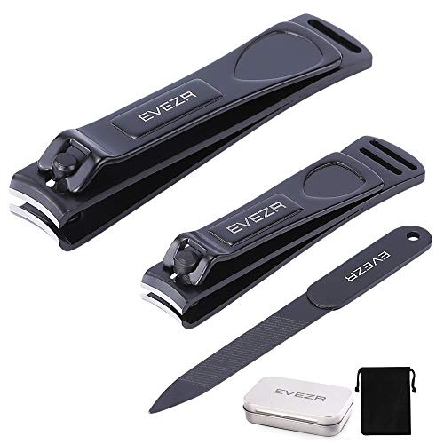  EVEZR Nail Clippers Heavy Duty 3Pcs Black Stainless Steel Manicure Pedicure Nail Tool For Fingernails & Toenails Include 2 Sharp Nail Clipper, 1 Nail File, Drawstring Bag, Metal Bo