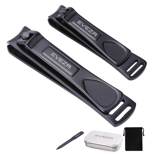  EVEZR Nail Clippers Heavy Duty 3Pcs Black Stainless Steel Manicure Pedicure Nail Tool For Fingernails & Toenails Include 2 Sharp Nail Clipper, 1 Nail File, Drawstring Bag, Metal Bo