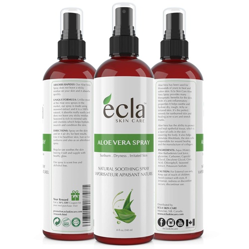  Ecla SKIN CARE Aloe Vera Spray Mist for Face Body and Hair - Made in Canada with Organic Real Juice (Not Powder) 8 Oz - 240ml Natural Formula Toner to Moisturize and Rebalance Skin and Relieve Su