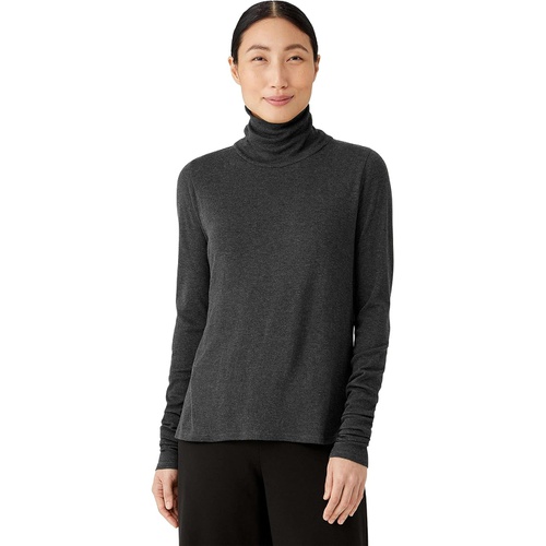  Eileen Fisher Turtleneck Scrunch Sleeve Slim Top in Organic Pima Cotton Tencel Rib