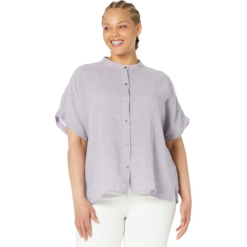  Eileen Fisher Mandarin Collar Short Sleeve Shirt in Puckered Organic Linen