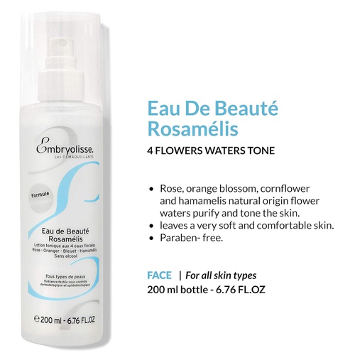  Embryolisse - Eau de Beaute Rosamelis - Face Toner For All Skin Types - 6.76 fl.oz. - Paraben-Free - Made in France