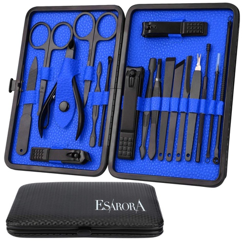  ESARORA Manicure Set, 18 in 1 Stainless Steel Professional Pedicure Kit Nail Scissors Grooming Kit with Black Leather Travel Case