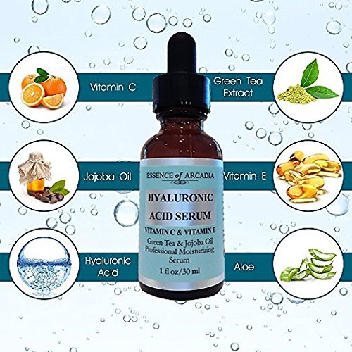  Hyaluronic Acid Re-Hydrating Serum for Face, Professional Strength Anti-Aging Topical Facial Serum w Vitamin C & Vitamin E by Essence of Arcadia, Reduces Wrinkles & Fine Lines