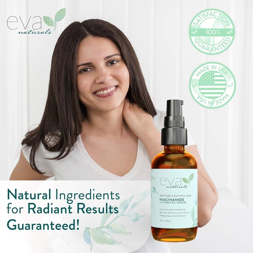  Eva Naturals Natural Niacinamide 5% Serum for Face, XL 2 oz. Bottle  Firming Vitamin B3 + Hyaluronic Acid Serum Restores Elasticity, Diminishes Dark Spots, Reduces Blemishes, and Moisturizes b
