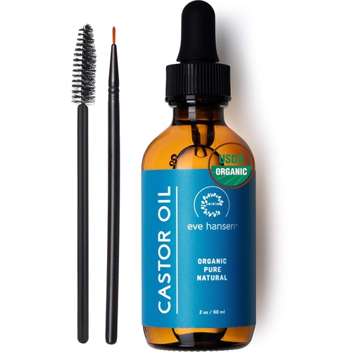  Organic Castor Oil USDA Certified | Pure Carrier Oil for Eyelashes, Eyebrows, Hair, and Skin with Applicator by Eve Hansen (2oz)