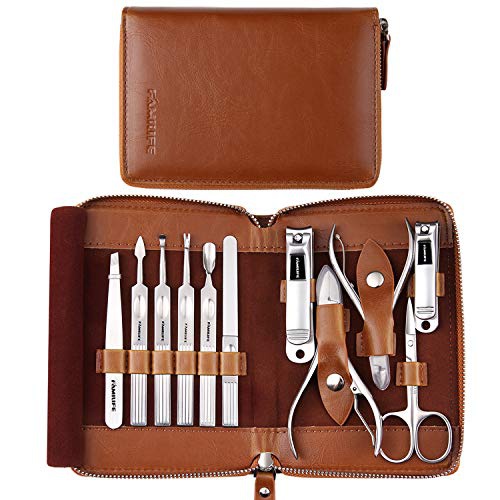  Manicure Set, FAMILIFE Professional Manicure Kit Nail Clippers Set 11 in 1 Stainless Steel Pedicure Tools Kit Grooming Kit with Portable Brown Leather Travel Case for Men L18