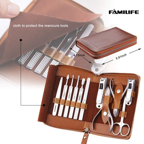  Manicure Set, FAMILIFE Professional Manicure Kit Nail Clippers Set 11 in 1 Stainless Steel Pedicure Tools Kit Grooming Kit with Portable Brown Leather Travel Case for Men L18