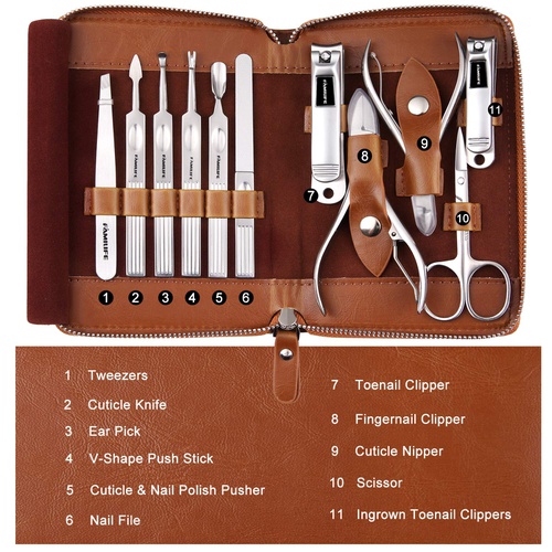  Manicure Set, FAMILIFE Professional Manicure Kit Nail Clippers Set 11 in 1 Stainless Steel Pedicure Tools Kit Grooming Kit with Portable Brown Leather Travel Case for Men L18