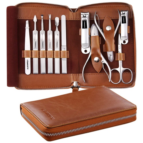  Manicure Set, FAMILIFE Professional Manicure Kit Nail Clippers Set 11 in 1 Stainless Steel Pedicure Tools Kit Grooming Kit with Portable Brown Leather Travel Case for Men L18