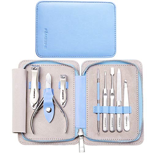  Manicure Set, FAMILIFE L17 Professional Manicure Kit Nail Clippers Set 8 in 1 Stainless Steel Pedicure Tools Kit Grooming Kit with Portable Blue Leather Travel Case for Women Girl