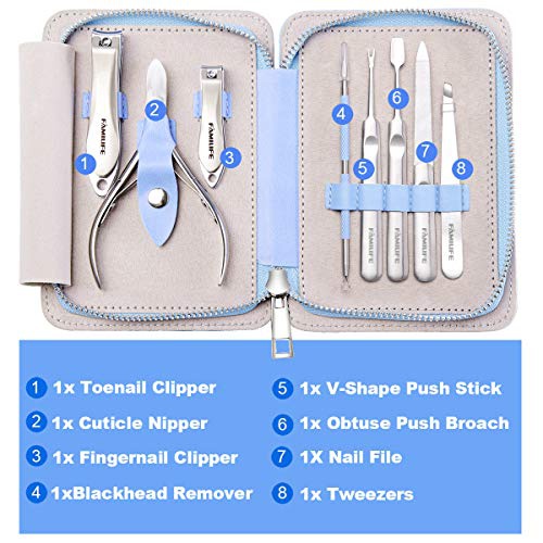  Manicure Set, FAMILIFE L17 Professional Manicure Kit Nail Clippers Set 8 in 1 Stainless Steel Pedicure Tools Kit Grooming Kit with Portable Blue Leather Travel Case for Women Girl