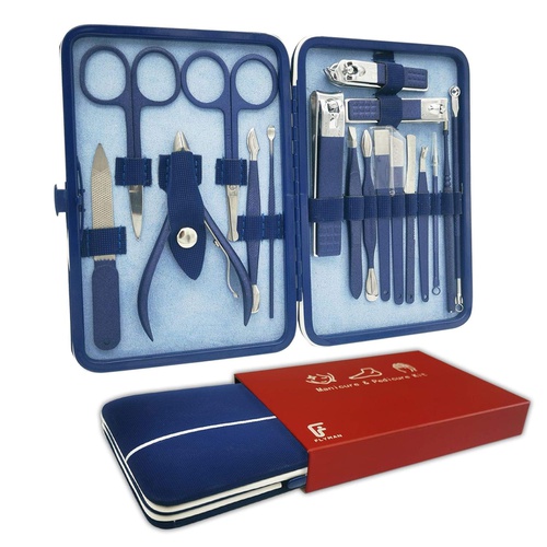  FLYMAN Manicure & Pedicure Set Stainless Steel Tools for Women and Men Hand Foot Facial Care 18 in 1 Pack (Blue)