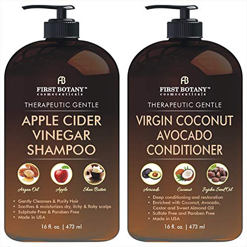  First Botany Apple Cider Vinegar Shampoo & Avocado Coconut Conditioner Set - Increase Hydration, Shine & Reduces Itchy Scalp, Dandruff & Frizz, Prevents Hair loss - Sulfate Free, for All Hair T