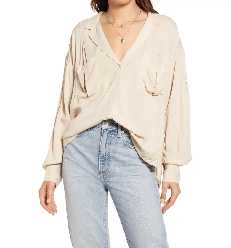 Free People Erins Jacquard Oversize Button Front Top_TEA